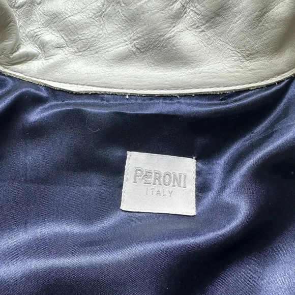 Peroni Italy White Leather Full Zip LOGO perforated Sleeve Jacket - Picture 4 of 9